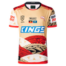 The Dolphins Indigenous NRL 25/26 Replica Jersey by Classic Sportswear features gold, red, black, and white patterns, multiple sponsor logos, and a dolphin emblem for a stylish display of team pride.