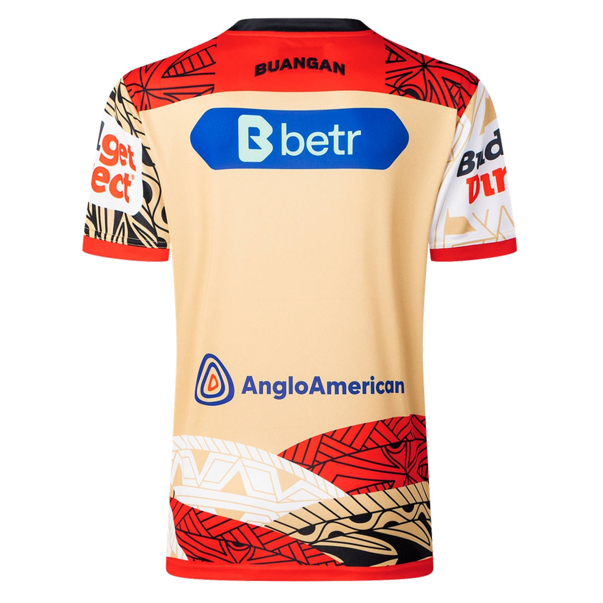 Back view of a beige and red Dolphins Indigenous NRL 25/26 Replica Jersey by Classic Sportswear featuring "BUANGAN" at the top and sponsor logos, such as Betr and AngloAmerican.