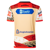 Back view of a beige and red Dolphins Indigenous NRL 25/26 Replica Jersey by Classic Sportswear featuring "BUANGAN" at the top and sponsor logos, such as Betr and AngloAmerican.