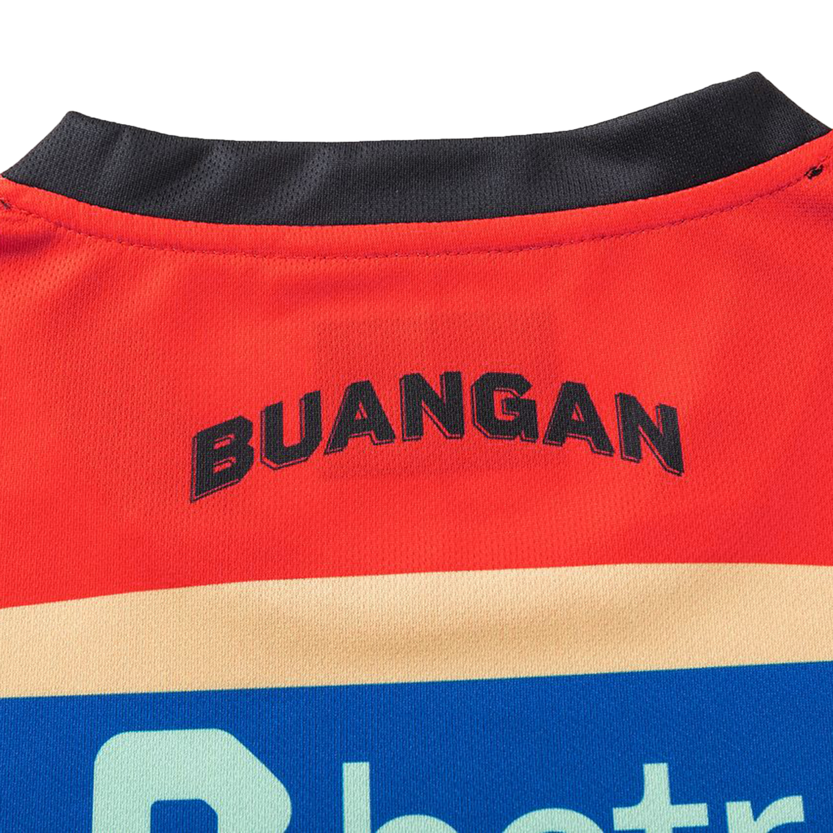 Close-up of the upper back of the Dolphins Indigenous NRL 25/26 Replica Jersey by Classic Sportswear, featuring "BUANGAN" in bold black letters and capturing detailed Indigenous design.