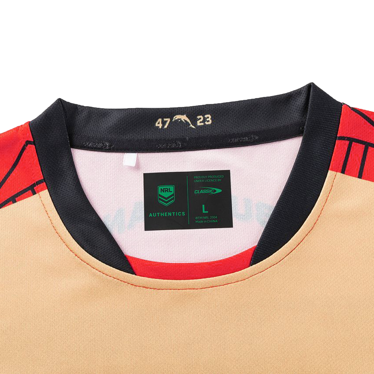 Close-up of the collar and neckline of the Dolphins Indigenous NRL 25/26 Replica Jersey by Classic Sportswear, showing size and brand tags with "47 23" printed in gold on the black inner collar.