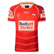 Show your support on game day with the Dolphins NRL 26/27 Replica Home Jersey by Classic Sportswear, featuring red fabric with white and orange accents, "Budget Direct" main sponsor logo, and authentic details.