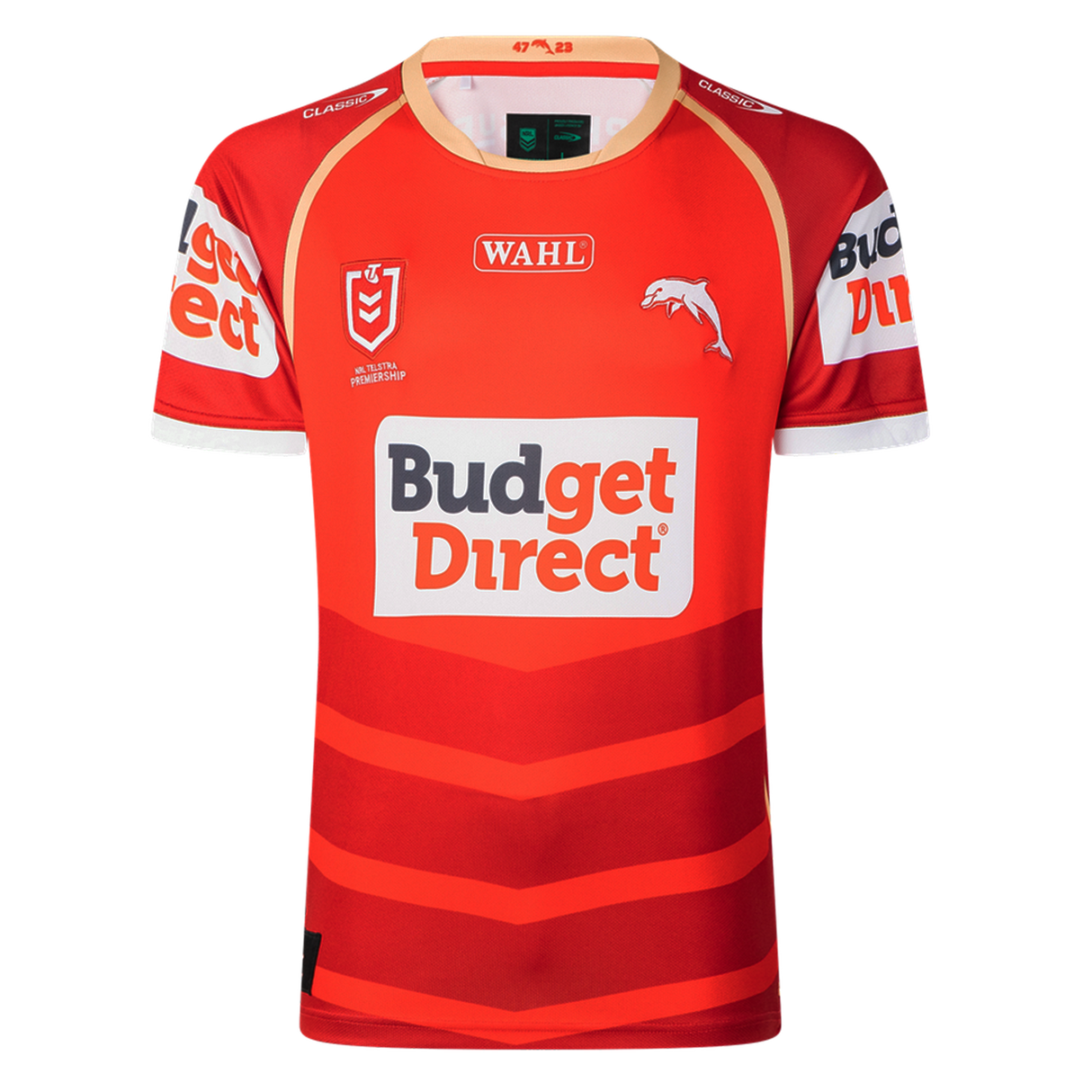 Show your support on game day with the Dolphins NRL 26/27 Replica Home Jersey by Classic Sportswear, featuring red fabric with white and orange accents, "Budget Direct" main sponsor logo, and authentic details.