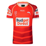 Show your support on game day with the Dolphins NRL 26/27 Replica Home Jersey by Classic Sportswear, featuring red fabric with white and orange accents, "Budget Direct" main sponsor logo, and authentic details.