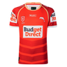 Show your support on game day with the Dolphins NRL 26/27 Replica Home Jersey by Classic Sportswear, featuring red fabric with white and orange accents, "Budget Direct" main sponsor logo, and authentic details.