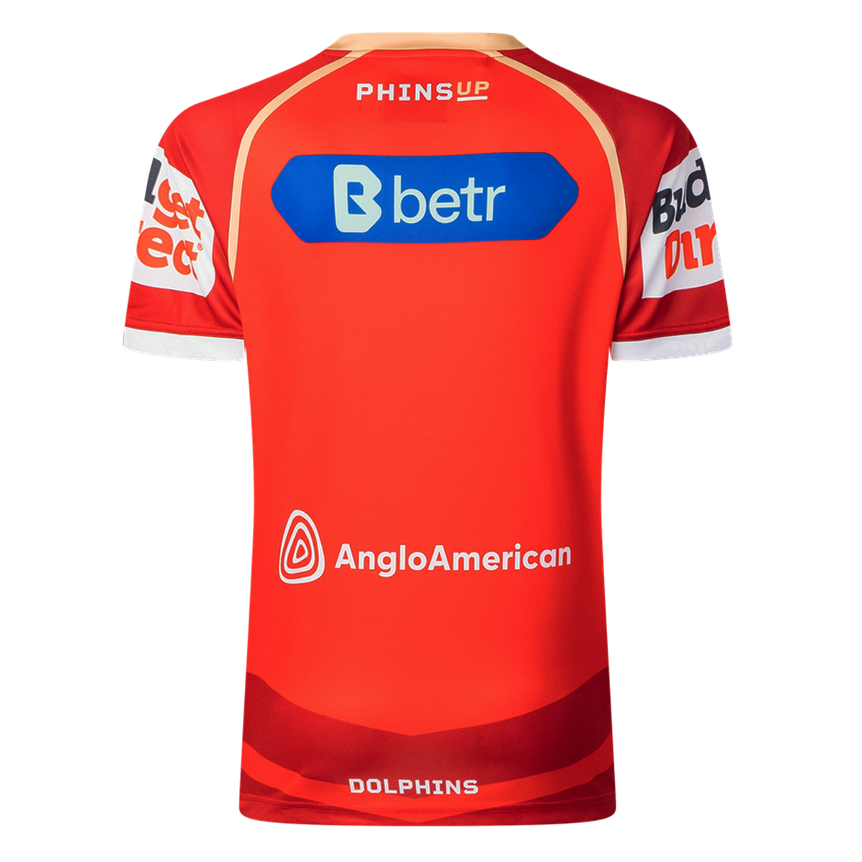 The Dolphins NRL 26/27 Replica Home Jersey by Classic Sportswear features a red back with sponsor logos like Betr, Anglo American, and Bidvest, plus "DOLPHINS" at the bottom—a genuine Classic Sportswear replica.