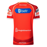 The Dolphins NRL 26/27 Replica Home Jersey by Classic Sportswear features a red back with sponsor logos like Betr, Anglo American, and Bidvest, plus "DOLPHINS" at the bottom—a genuine Classic Sportswear replica.