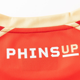 Close-up of the Dolphins NRL 26/27 Replica Home Jersey by Classic Sportswear, showing “PHINS UP” in white and gold on the back near the collar—a signature detail of this authentic replica.