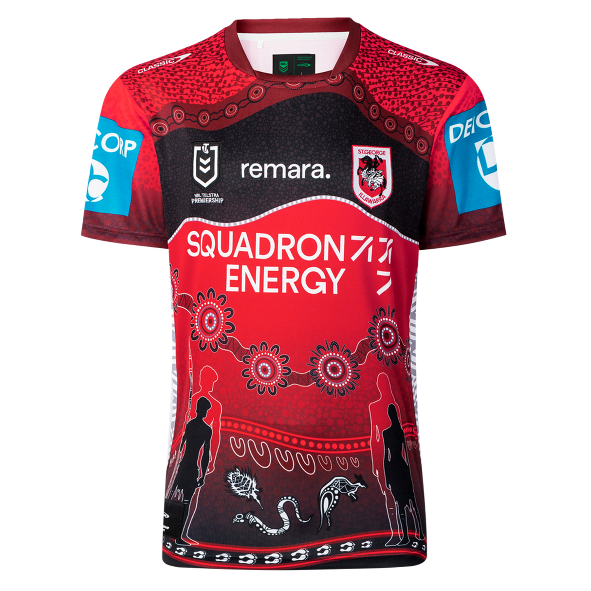 The Dragons Indigenous NRL 25/26 Replica Jersey by Classic Sportswear features striking Indigenous art, sponsor logos, and people silhouettes—a true celebration of heritage.