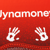 White handprints and the partial word "ynamoney" appear on a red textured surface with dot and wave patterns, inspired by the Dragons Indigenous NRL 25/26 Replica Jersey from Classic Sportswear.