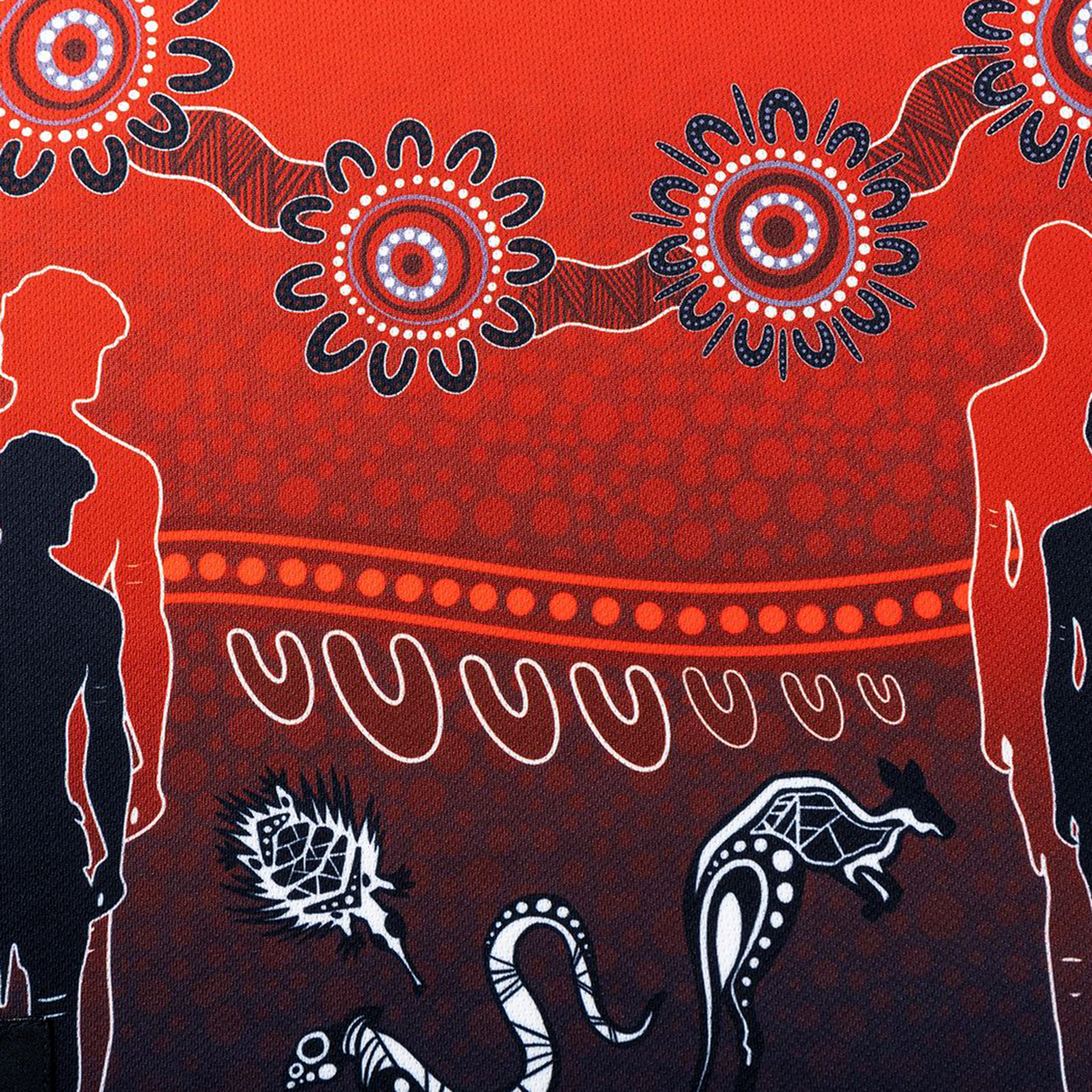 Abstract art with silhouetted figures, floral patterns, wavy lines, and animal motifs on a red gradient background—capturing the vibrant style of the Dragons Indigenous NRL 25/26 Replica Jersey by Classic Sportswear.