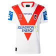 The Dragons NRL 26/27 Replica Home Jersey by Classic Sportswear features classic white with red V-stripes, sponsor logos, and the St. George Illawarra Dragons emblem—a must-have jersey for loyal fans.
