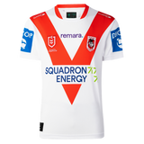 The Dragons NRL 26/27 Replica Home Jersey by Classic Sportswear features classic white with red V-stripes, sponsor logos, and the St. George Illawarra Dragons emblem—a must-have jersey for loyal fans.