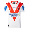 The Dragons NRL 26/27 Replica Home Jersey by Classic Sportswear features classic white with red V-stripes, sponsor logos, and the St. George Illawarra Dragons emblem—a must-have jersey for loyal fans.