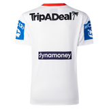 The Dragons NRL 26/27 Replica Home Jersey by Classic Sportswear features "TripADeal" on the upper back, "dynamoney" in the center, blue sleeve logos, and Classic Sportswear branding—ideal for passionate Dragons fans.