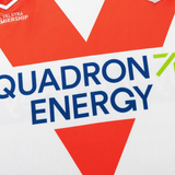 Close-up of the Dragons NRL 26/27 Replica Home Jersey by Classic Sportswear, featuring a red "V", bold blue QUADRON ENERGY logo, and TELSTRA PREMIERSHIP text—highlighting premium Classic Sportswear rugby design.
