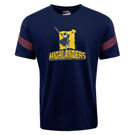 A navy blue Highlanders Super Rugby Supporters Tee 24 by Classic Sportswear for the 2024 season, featuring a graphic of a figure holding a shield and sword.