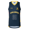 The Huglanders Super Rugby 25/26 Supporters Basketball Singlet by Classic Sportswear features a navy blue design with a yellow collar. The "Highlanders" logo, the number "96," and "Highlanders" text decorate the chest, making it an essential piece for fans.