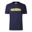 The Highlanders Super Rugby 25/26 Supporters Cotton Tee by Classic Sportswear is a navy blue t-shirt with "HIGHLANDERS" in bold yellow across the front, ideal for any Super Rugby fan.