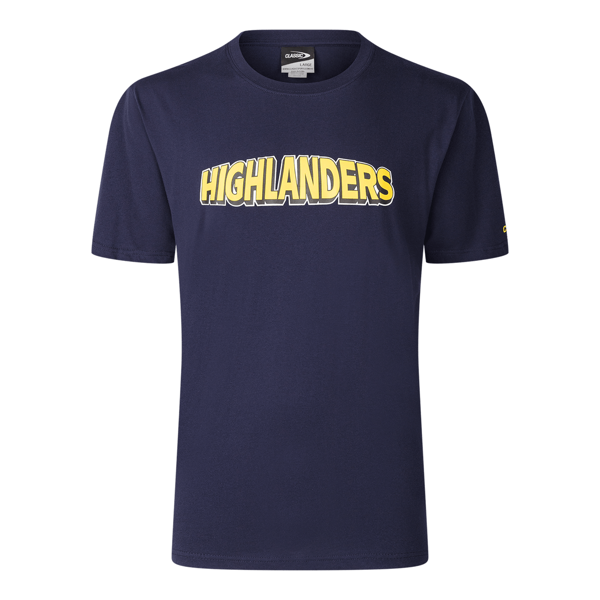 The Highlanders Super Rugby 25/26 Supporters Cotton Tee by Classic Sportswear is a navy blue t-shirt with "HIGHLANDERS" in bold yellow across the front, ideal for any Super Rugby fan.