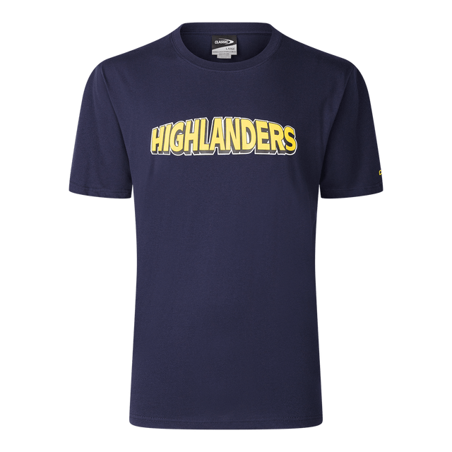 The Highlanders Super Rugby 25/26 Supporters Cotton Tee by Classic Sportswear is a navy blue t-shirt with "HIGHLANDERS" in bold yellow across the front, ideal for any Super Rugby fan.