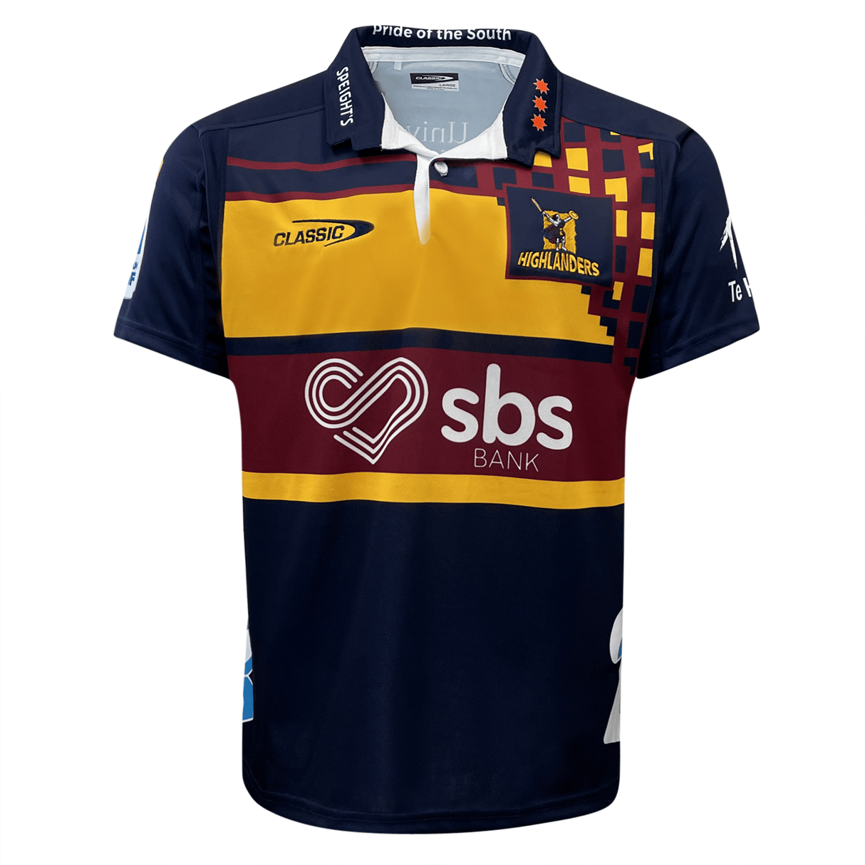 A colorful Highlanders Super Rugby Heritage Jersey by Classic Sportswear, featuring sponsor logos and a pattern of red, yellow, and navy blue.
