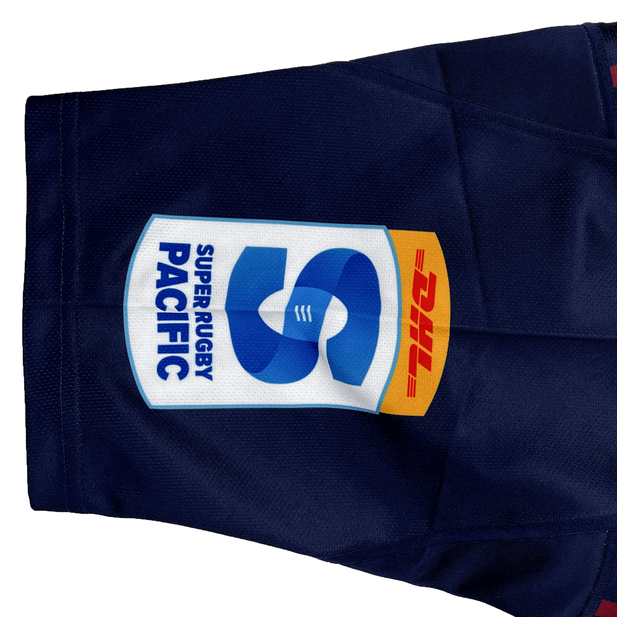 Blue sports shorts with the Highlanders Super Rugby Heritage Jersey by Classic Sportswear logo and a dhl sponsor logo on the leg, paired with a Highlanders Rugby Jersey.