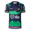 The Limited Edition Hulk Jersey by Classic Sportswear from the Highlanders Super Rugby Marvel Collection is a vibrant rugby jersey in green, blue, and yellow with SBS Bank and sponsor logos, showcasing dynamic energy on and off the field.