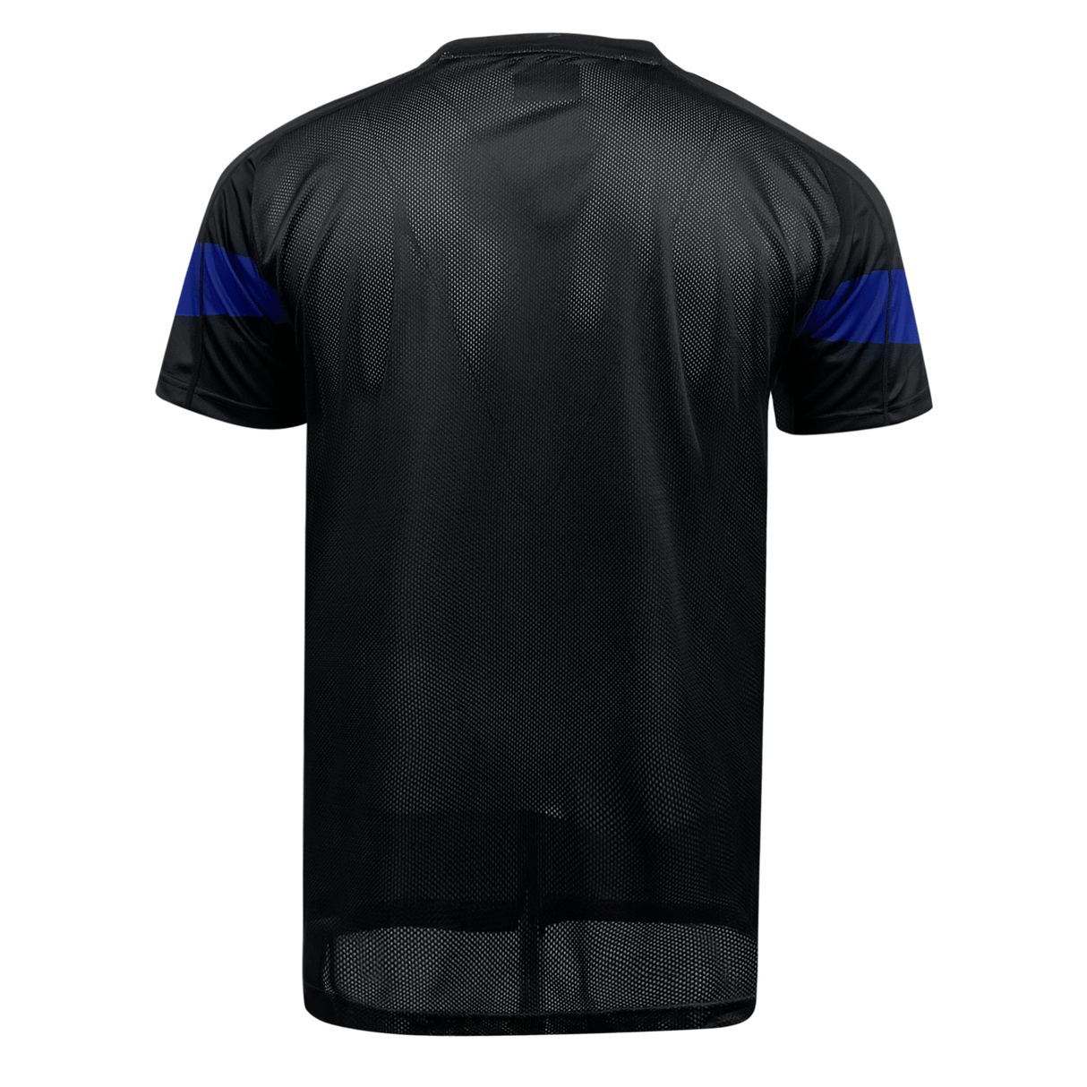 The back view of the Classic Sportswear Hurricanes Super Rugby Supporters Tee 24 showcases its black color with short sleeves and blue accents on the upper arms. The material appears to be mesh.
