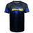 Black sports jersey with "HURRICANES" in yellow text and a blue swirl graphic on the front, featuring blue bands on the sleeves. Perfect for showing your support, this Classic Sportswear Hurricanes Super Rugby Supporters Tee 24 proudly displays the Hurricanes logo.