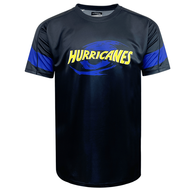 Black sports jersey with "HURRICANES" in yellow text and a blue swirl graphic on the front, featuring blue bands on the sleeves. Perfect for showing your support, this Classic Sportswear Hurricanes Super Rugby Supporters Tee 24 proudly displays the Hurricanes logo.