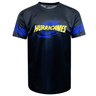 Black sports jersey with "HURRICANES" in yellow text and a blue swirl graphic on the front, featuring blue bands on the sleeves. Perfect for showing your support, this Classic Sportswear Hurricanes Super Rugby Supporters Tee 24 proudly displays the Hurricanes logo.