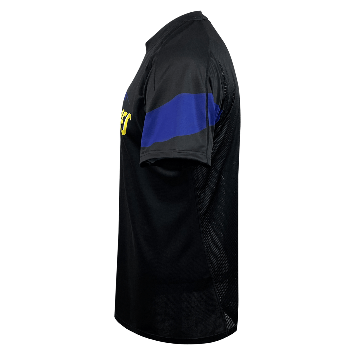 Side view of the black Hurricanes Super Rugby Supporters Tee 24 by Classic Sportswear, featuring a blue stripe on the sleeves and a partially visible yellow Hurricanes logo on the front.
