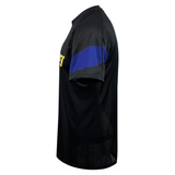 Side view of the black Hurricanes Super Rugby Supporters Tee 24 by Classic Sportswear, featuring a blue stripe on the sleeves and a partially visible yellow Hurricanes logo on the front.