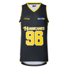 The Hurricanes Super Rugby 25/26 Supporters Basketball Singlet by Classic Sportswear features a black design with yellow trim, showcasing the number 96. Made from polyester performance fabric, it has "Hurricanes" printed above the number for a sporty touch.