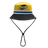 The Hurricanes Super Rugby 25/26 Supporters Bucket Hat by Classic Sportswear features a yellow and black design with a "Hurricanes" logo, blue and white stripe, and adjustable chin strap. A must-have for any Super Rugby enthusiast's collection.