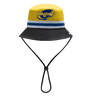 The Hurricanes Super Rugby 25/26 Supporters Bucket Hat by Classic Sportswear features a yellow and black design with a "Hurricanes" logo, blue and white stripe, and adjustable chin strap. A must-have for any Super Rugby enthusiast's collection.