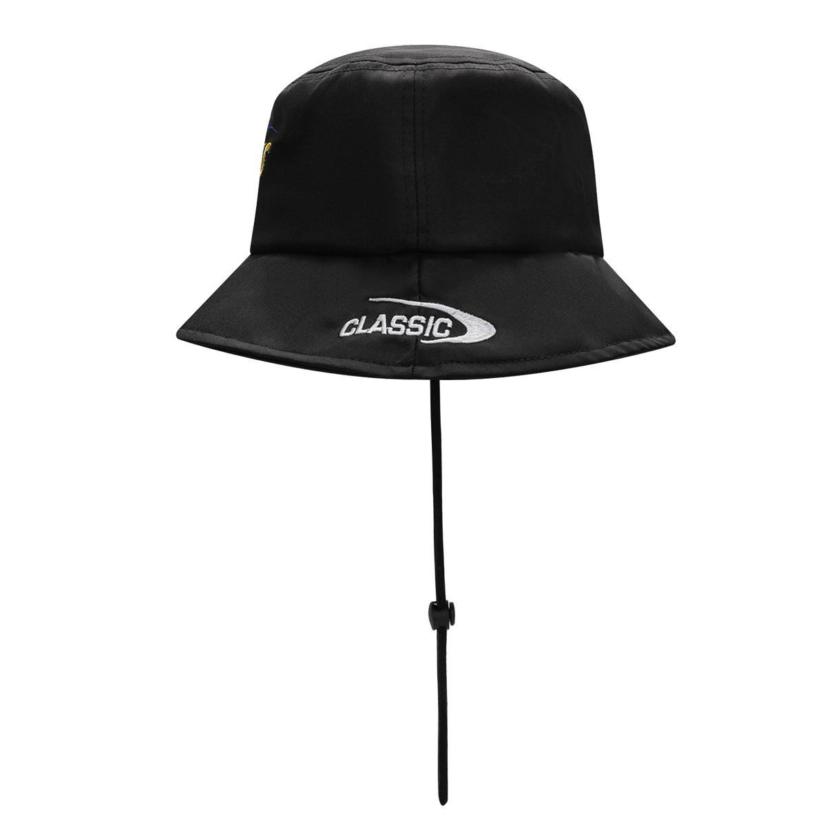 The Hurricanes Super Rugby 25/26 Bucket Hat by Classic Sportswear is black with a chin strap and has "CLASSIC" embroidered in white on the front. It's a versatile nod to traditional sportswear, ideal for fans of timeless Hurricanes rugby style.