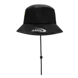 The Hurricanes Super Rugby 25/26 Bucket Hat by Classic Sportswear is black with a chin strap and has "CLASSIC" embroidered in white on the front. It's a versatile nod to traditional sportswear, ideal for fans of timeless Hurricanes rugby style.