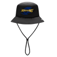 The Hurricanes Super Rugby 25/26 Bucket Hat by Classic Sportswear is black with a blue swirl and "Hurricanes" in yellow on the front. It features an adjustable chin strap for a perfect fit, making it ideal for supporting Hurricanes rugby.