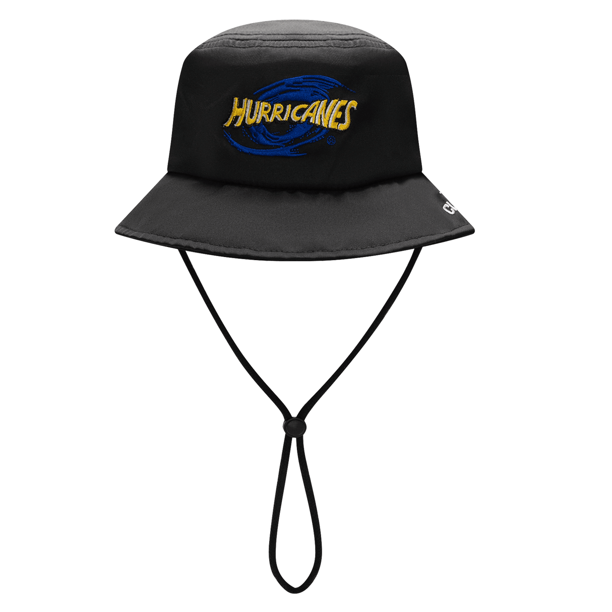 The Hurricanes Super Rugby 25/26 Bucket Hat by Classic Sportswear is black with a blue swirl and "Hurricanes" in yellow on the front. It features an adjustable chin strap for a perfect fit, making it ideal for supporting Hurricanes rugby.