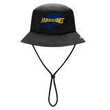 The Hurricanes Super Rugby 25/26 Bucket Hat by Classic Sportswear is black with a blue swirl and "Hurricanes" in yellow on the front. It features an adjustable chin strap for a perfect fit, making it ideal for supporting Hurricanes rugby.