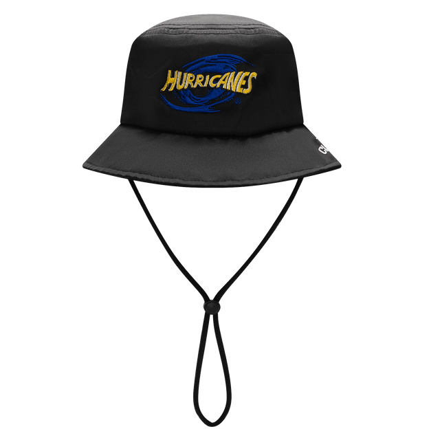 The Hurricanes Super Rugby 25/26 Bucket Hat by Classic Sportswear is black with a blue swirl and "Hurricanes" in yellow on the front. It features an adjustable chin strap for a perfect fit, making it ideal for supporting Hurricanes rugby.