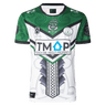 The NRL Maori All Stars 25/26 Replica Home Jersey by Classic Sportswear features a striking green and white Māori-inspired design. Adorned with logos and "TEACH ME ABOUT PROPERTY" text, it uses anti-microbial wickable fabric to display vibrant, lasting sublimated graphics.