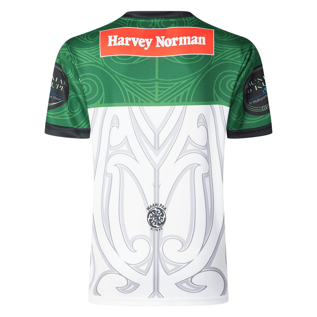 The back of the NRL Maori All Stars 25/26 Replica Home Jersey by Classic Sportswear features detailed green and white sublimated graphics, topped with a "Harvey Norman" logo.