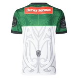 The back of the NRL Maori All Stars 25/26 Replica Home Jersey by Classic Sportswear features detailed green and white sublimated graphics, topped with a "Harvey Norman" logo.