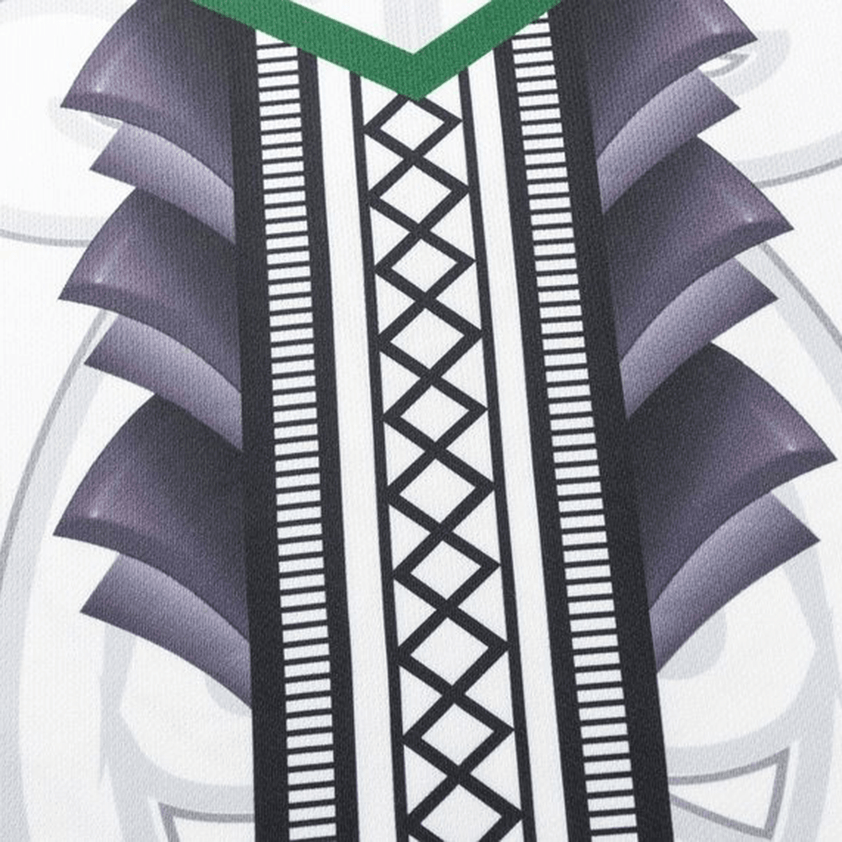 A close-up of white fabric from the NRL Maori All Stars 25/26 Replica Home Jersey by Classic Sportswear shows sublimated geometric black and purple graphics with green accents, evoking a stylized tribal design reminiscent of intricate Maori patterns.
