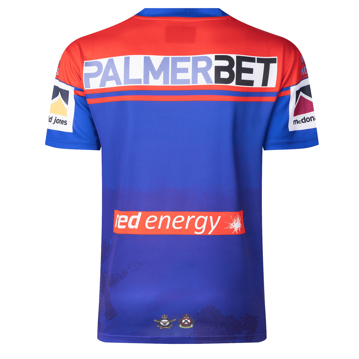 A blue shirt with red and white accents showcases multiple sponsor logos, including "PalmerBet" at the top and "red energy" at the bottom. This Knights NRL Heritage Jersey by Classic Sportswear is a timeless piece, embodying the spirit of the Newcastle Knights.