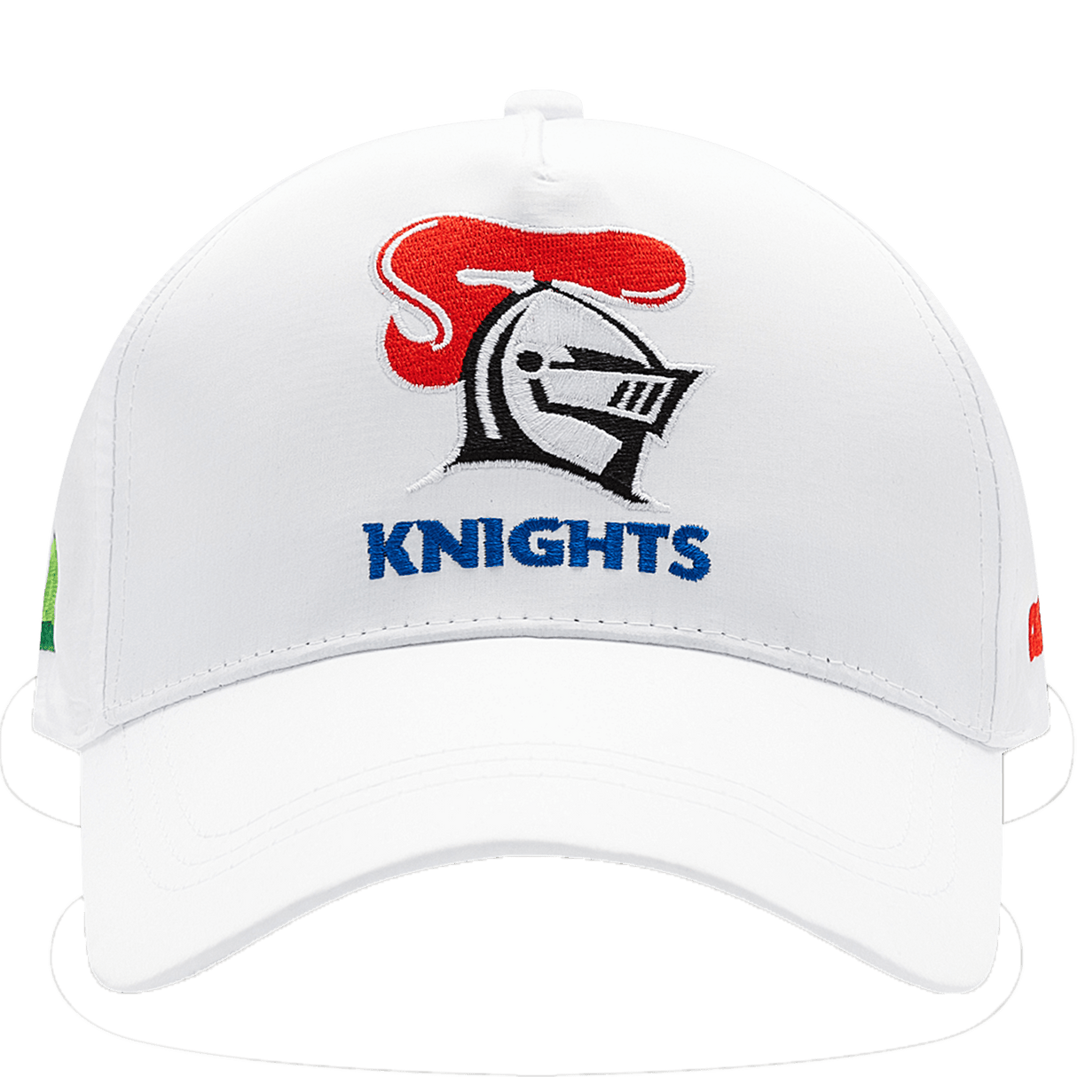 The Knights NRL 25/26 Media Cap by Classic Sportswear is a quick-drying polyester cap featuring a white design with a stylized knight helmet and red plume. "KNIGHTS" is embroidered below, and it includes an adjustable Velcro closure for the perfect fit.