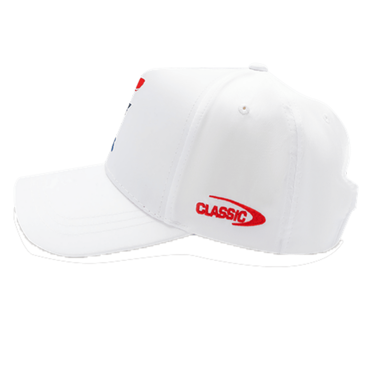 The Knights NRL 25/26 Media Cap by Classic Sportswear showcases a white design with a curved brim and red "CLASSIC" logo on the side. Made from quick-drying polyester, it offers comfort and durability, while an adjustable Velcro closure provides the perfect fit for any adventure.
